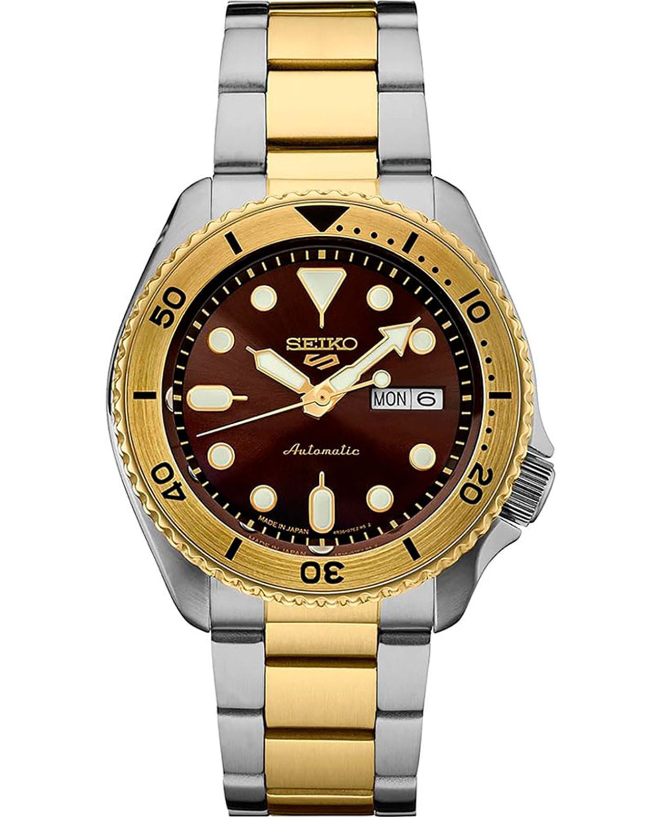 Seiko Seiko 5 Sports SRPK24  SRPK24 механические мужские часы коричневый циферблат, браслет нержавеющая сталь с pvd-покрытием — вид спереди